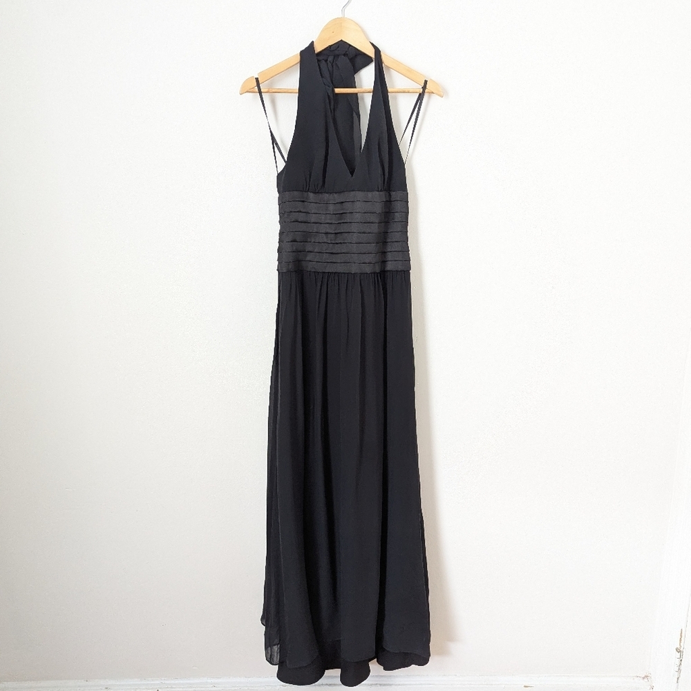 Bcbg Paris Black Satin Silk Chiffon Pleated Waist Halter Y2k Maxi Dress Gown